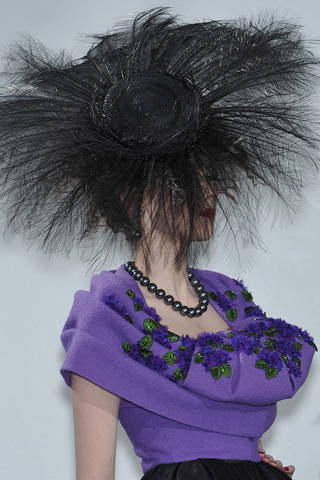 Christian Doir purple dress feather black hat