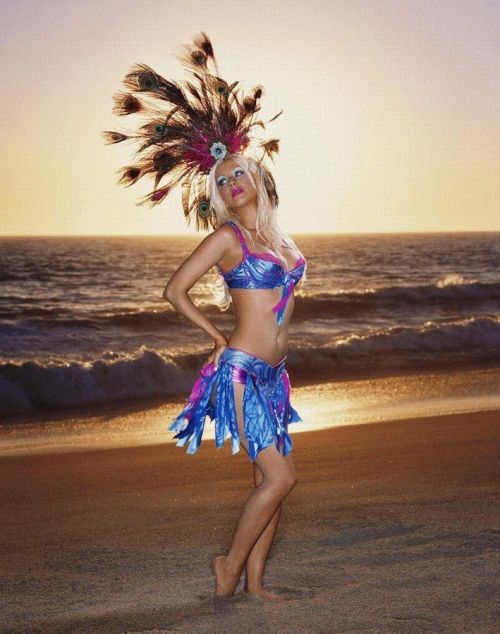 Beach Sunset Holiday Blonde Blue Swimmers Peacock Feather Hat, strange hat, peacock feather hat, beach, holiday, blonde, swimmer