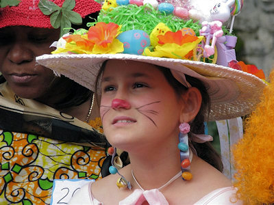 Easter hat yellow chick green grass cat face red nose girl, hat, girl, yellow, green, pink, purple, easter holiday, hat, celebration, parade