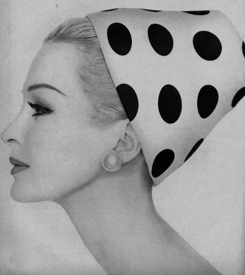 Polka Dot Black and White Hat Model Portrait, polka dot hat, black and white hat, portrait, vogue 1962, fashion, female, black and white portrait