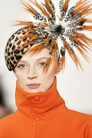 ralph_lauren orange black and white feather fur hat orange coat, orange, orange coat, orange hat, feather hat, ralph lauren, fashion, model and female artist
